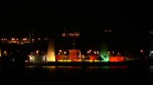 Oil rigs in Long Beach, CA at night